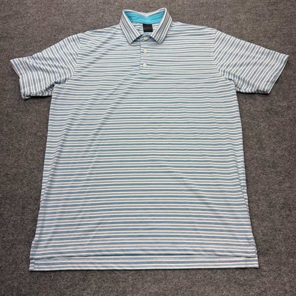 Dunning Golf Mens Blue White Striped Performance Polo Shirt Large Short Sleeve